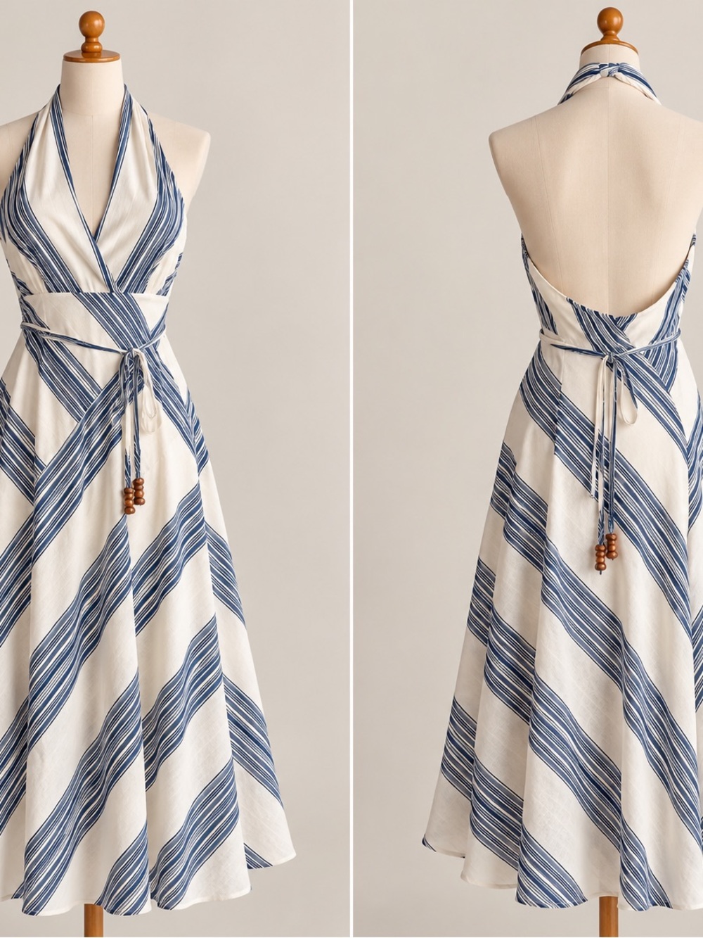 1. State Blue and White Striped Halter Backless Midi Dress